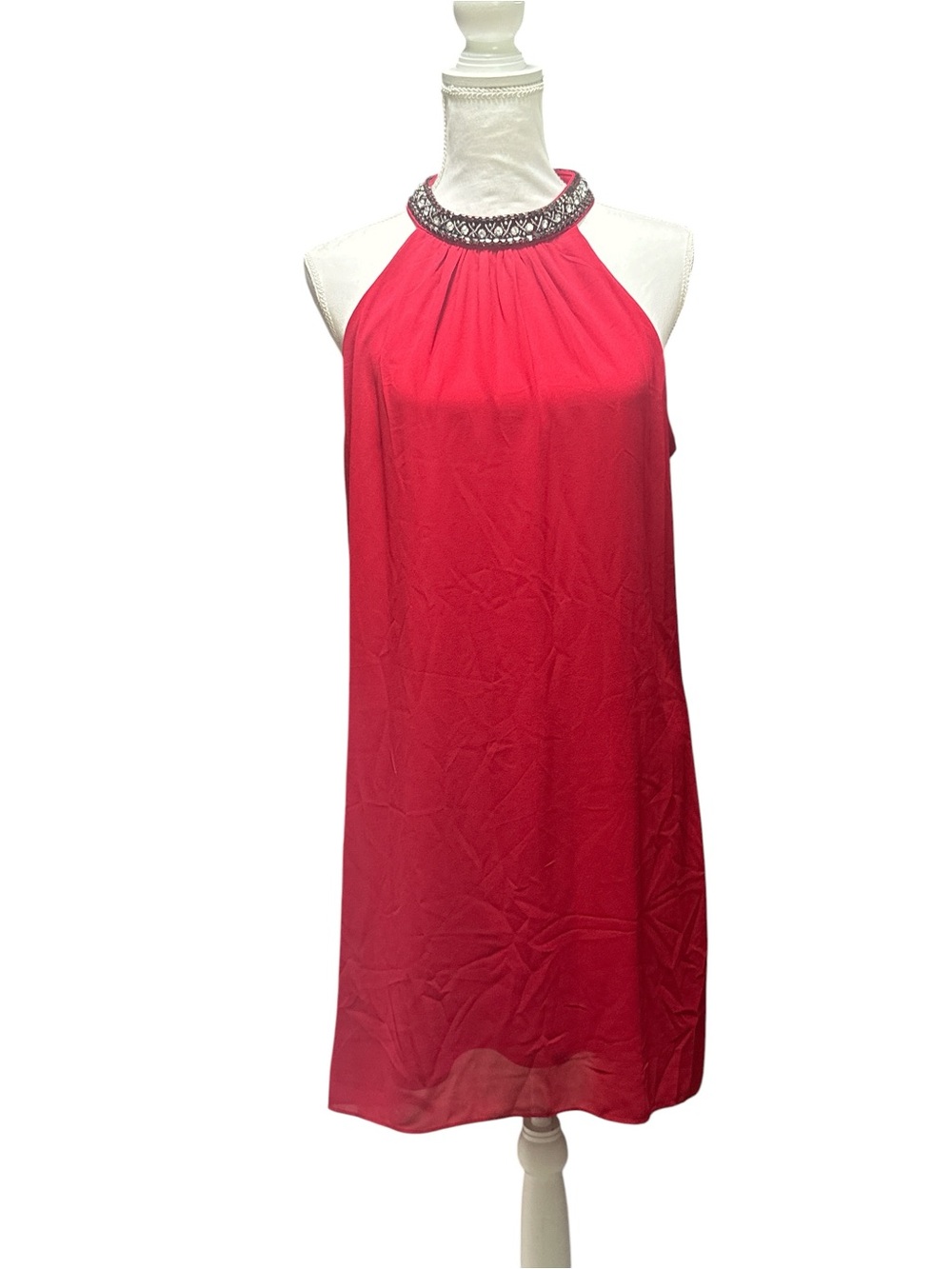 by & by Red Halter Mini Dress with Beaded Neckline